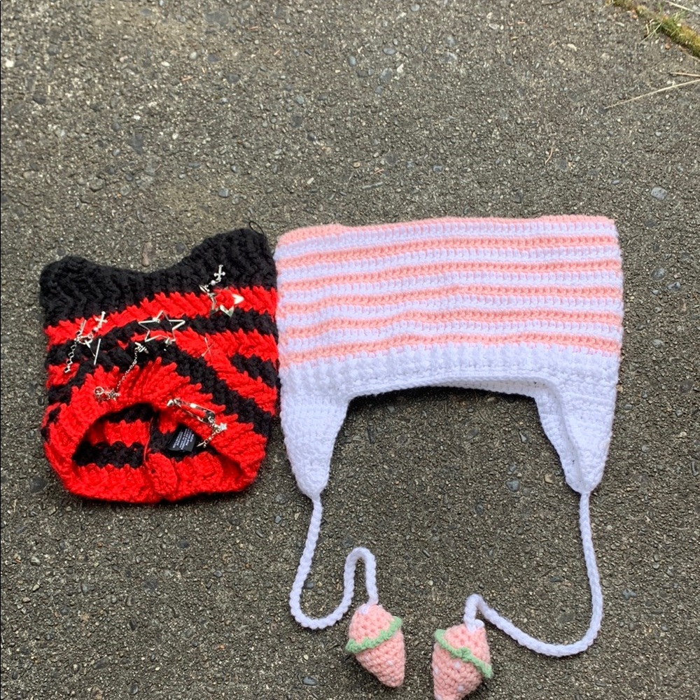 Pink and White Striped Knit Hat with Earflaps